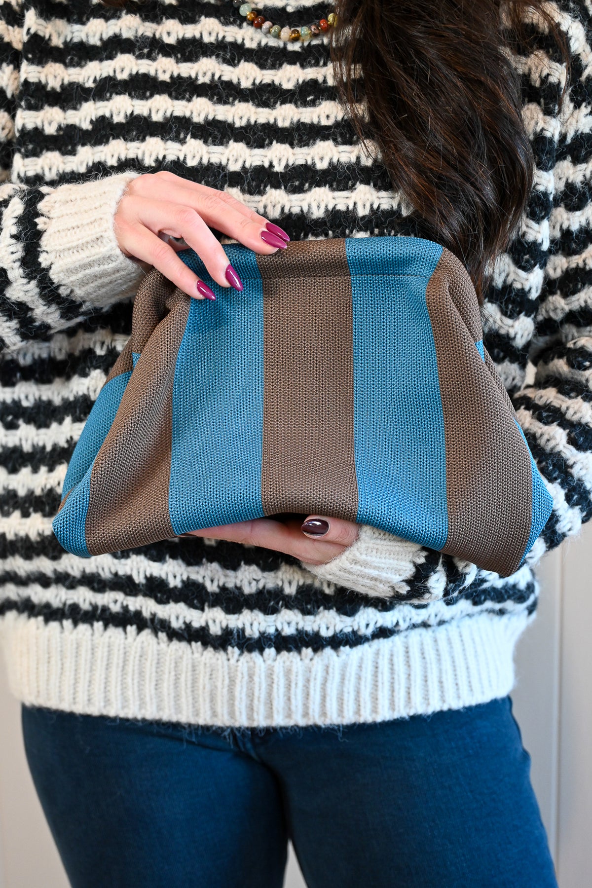 Beach Street Clutch - Blue + Brown Stripe