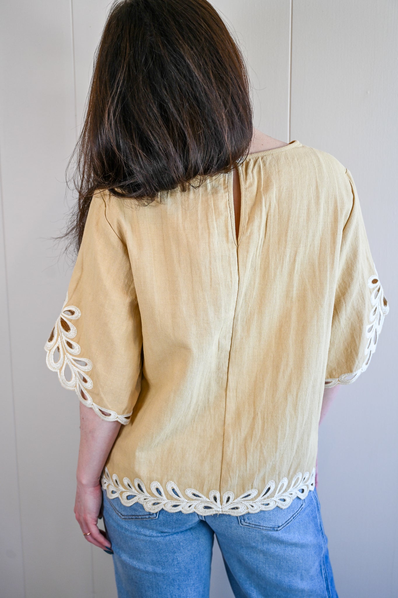 Cedar Street Embroidered Flutter Sleeve Top