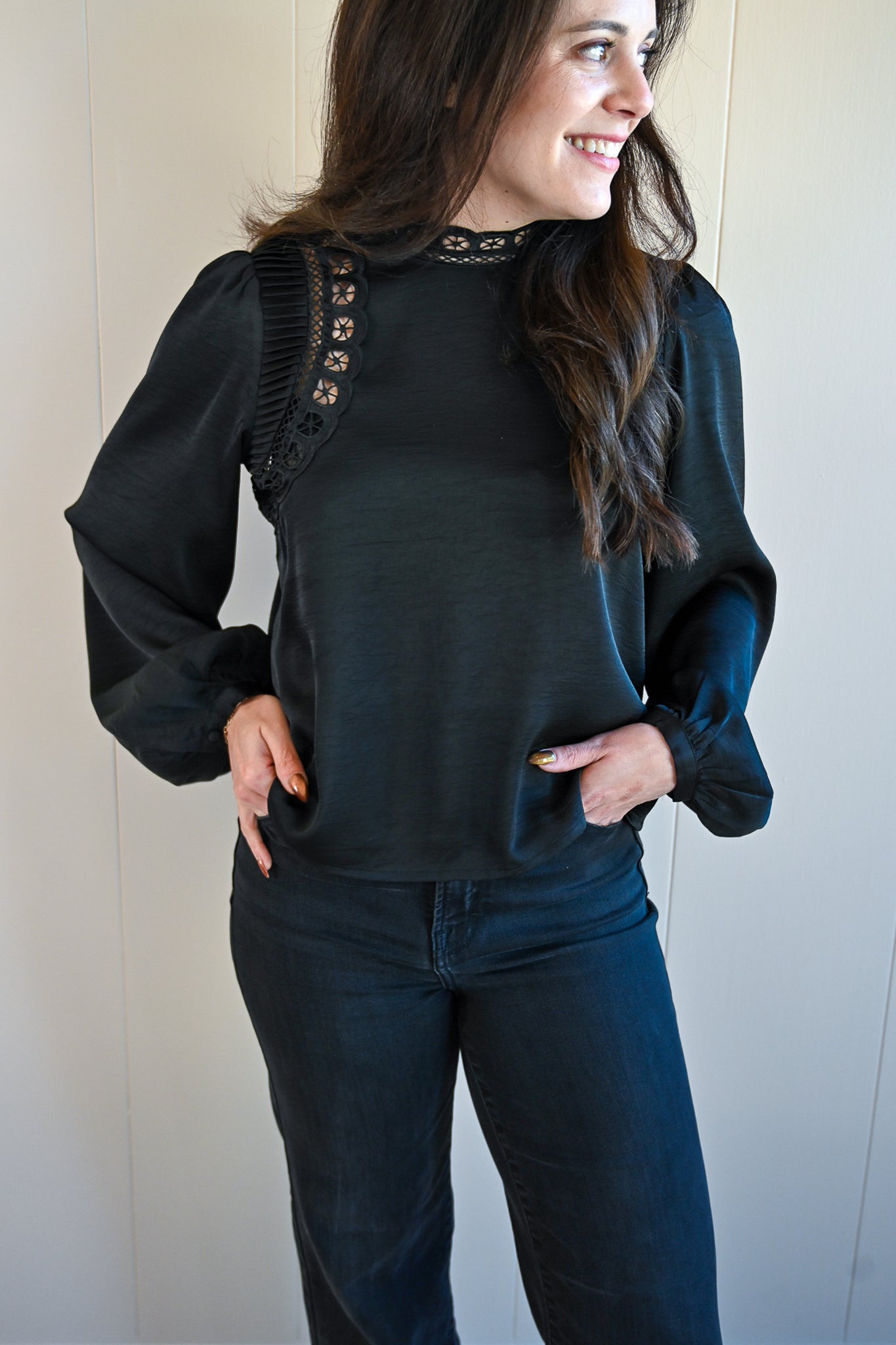 Spruce Avenue Embroidered Mock Neck Blouse