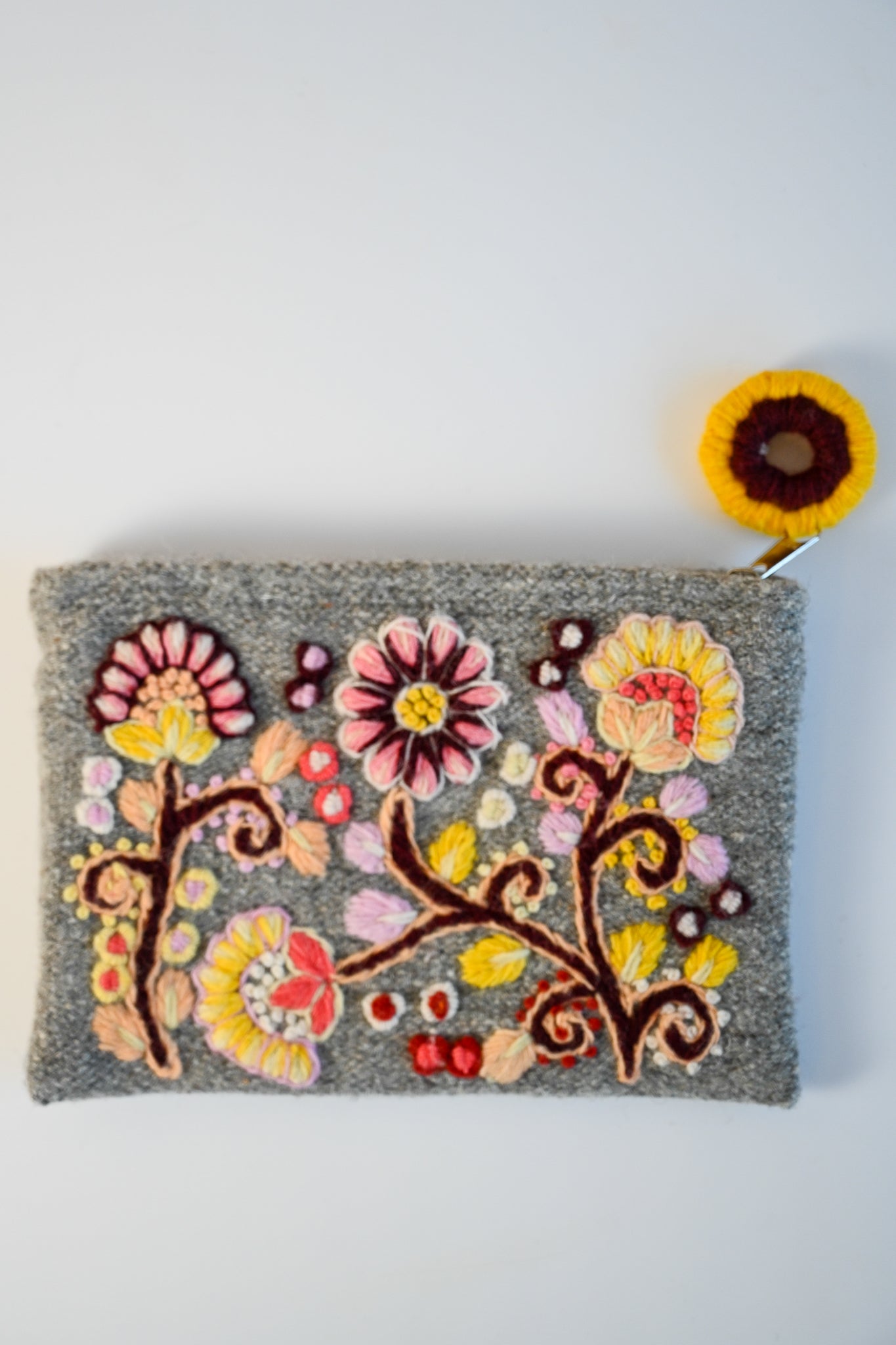Embroidered Wool Pouch - Fog