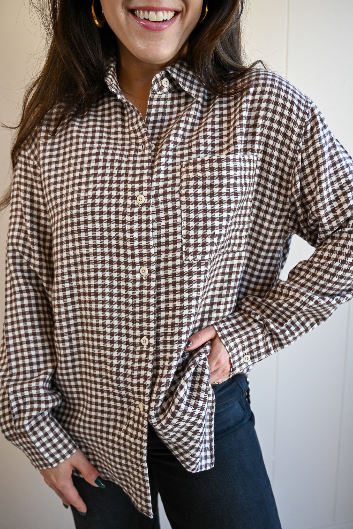Lincoln Plaid Button-up Top - Chocolate Gigham