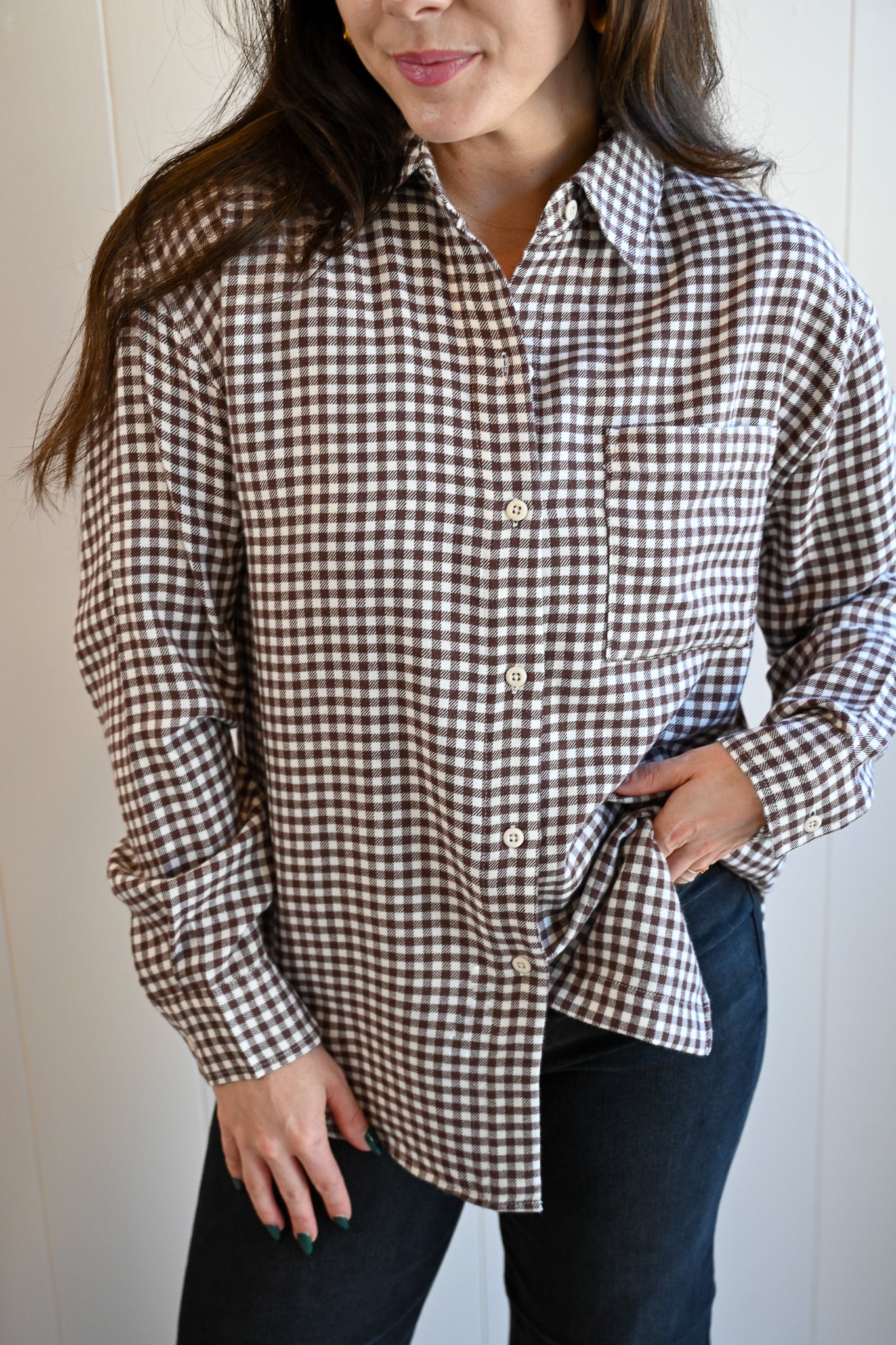 Lincoln Plaid Button-up Top - Chocolate Gigham