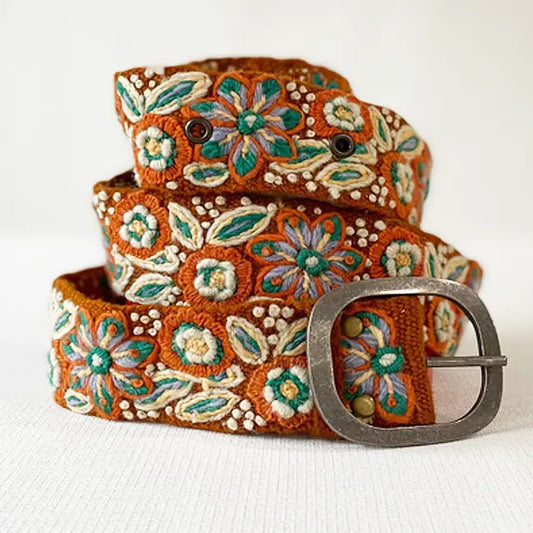Embroidered Wool Belt - Rust Floral