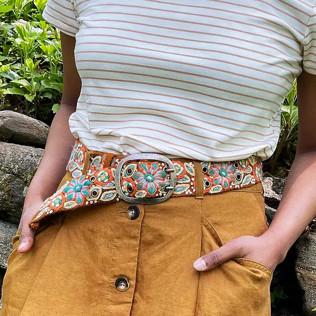 Embroidered Wool Belt - Rust Floral