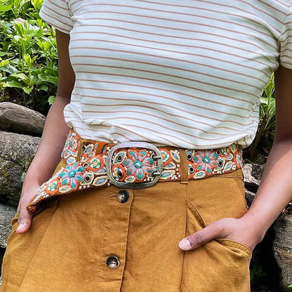 Embroidered Wool Belt - Rust Floral