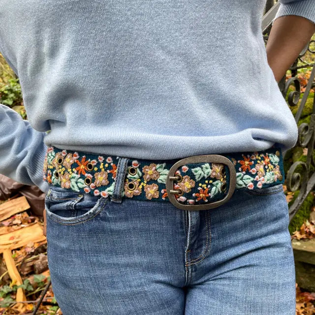 Embroidered Wool Belt - Navy Floral