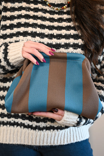 Beach Street Clutch - Blue + Brown Stripe