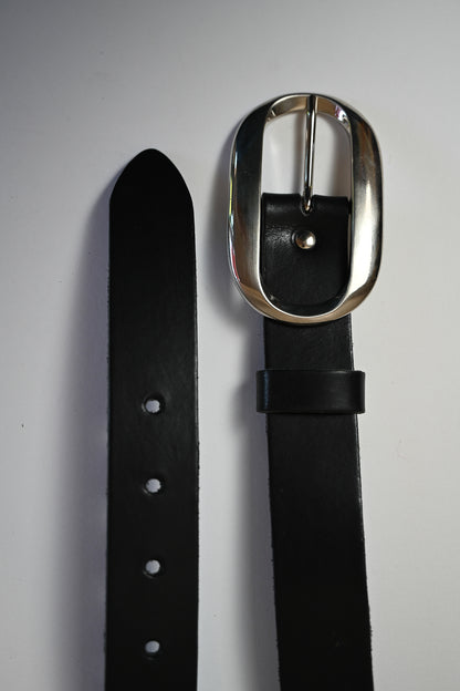 Black Italian Leather Silver Oval Buckle Belt