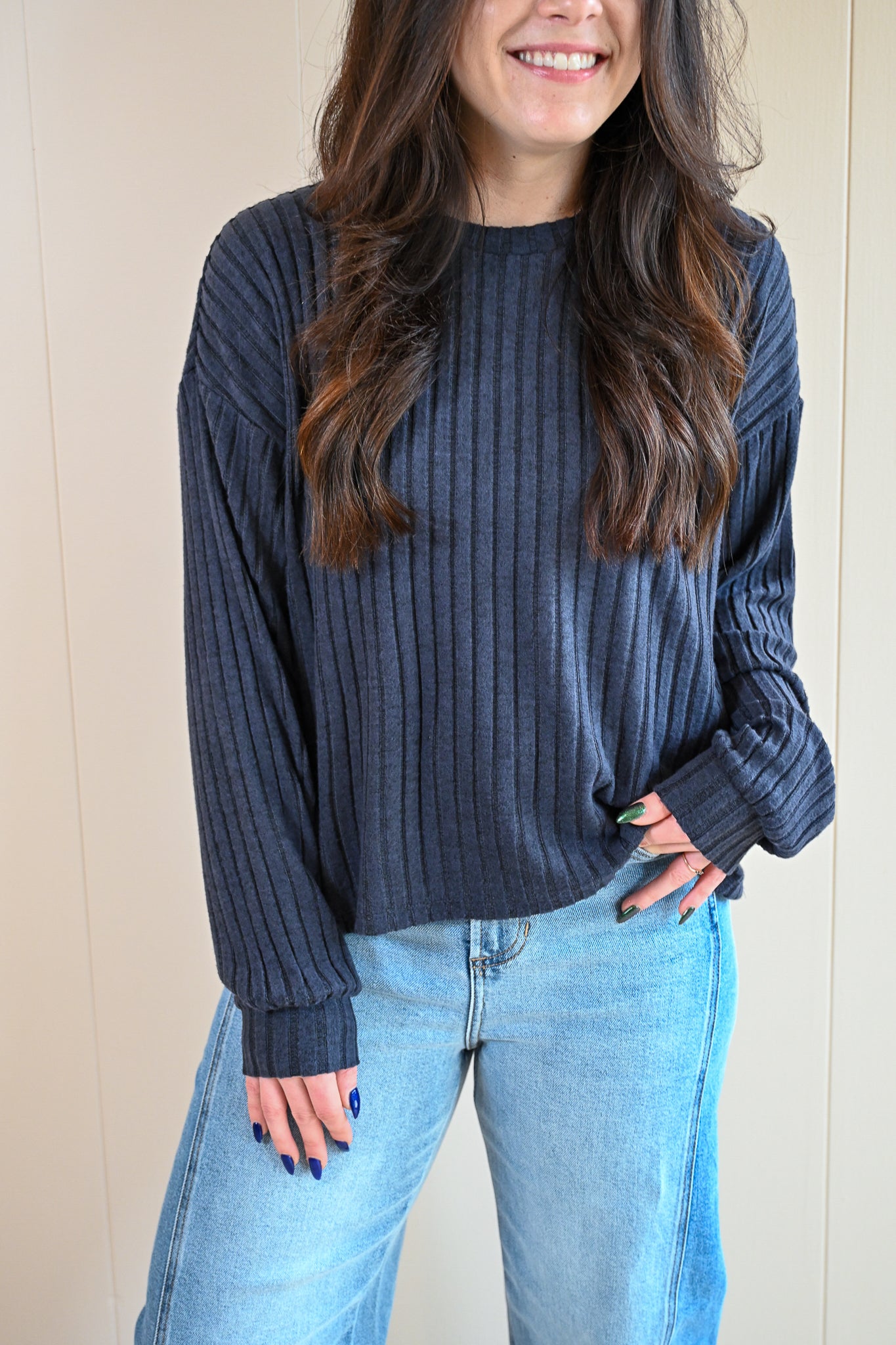 Siren Street Rib Long Sleeve Top - Storm