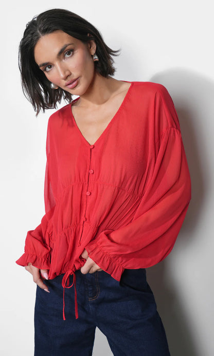 Beach Street Button Up Blouse - Cherry