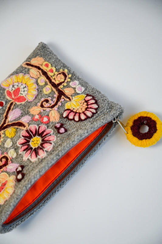 Embroidered Wool Pouch - Fog