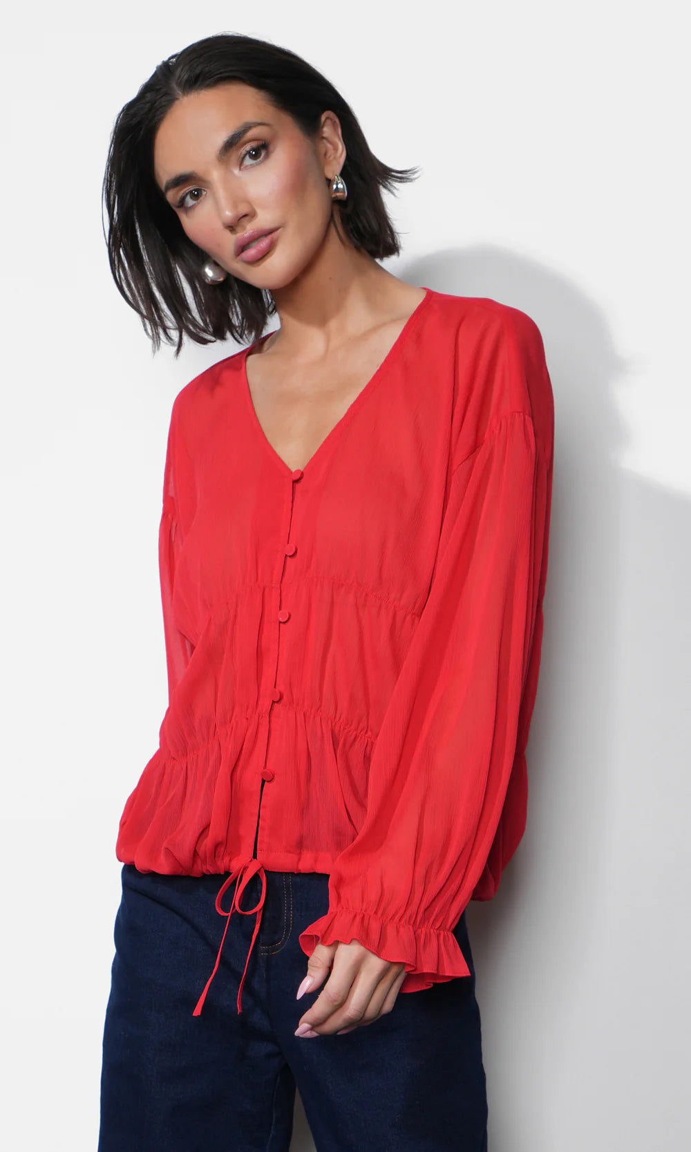 Beach Street Button Up Blouse - Cherry