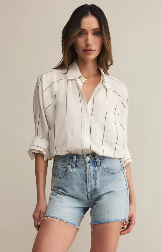 Ocean View Linen Top - Sand & Storm Stripe