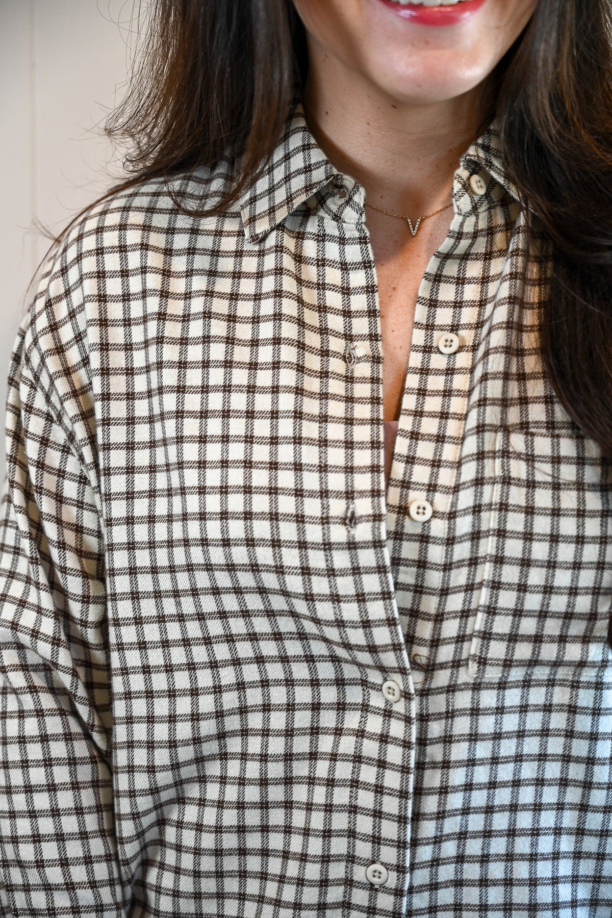 Lincoln Plaid Button-Up Top - Chocolate Cream