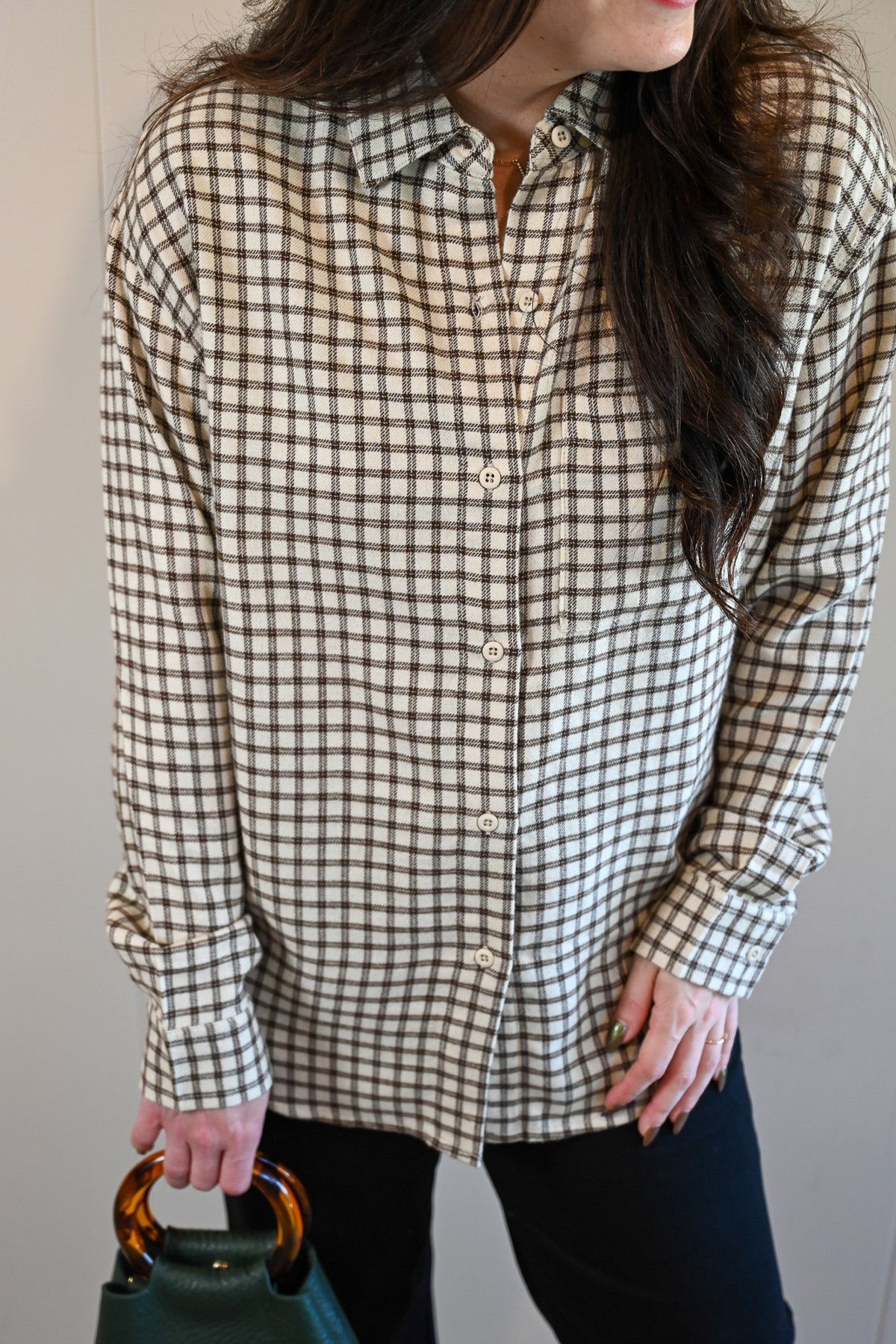 Lincoln Plaid Button-Up Top - Chocolate Cream