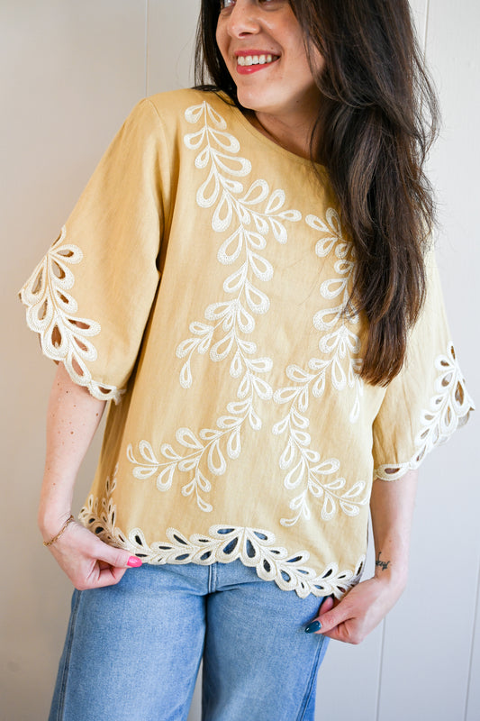Cedar Street Embroidered Flutter Sleeve Top