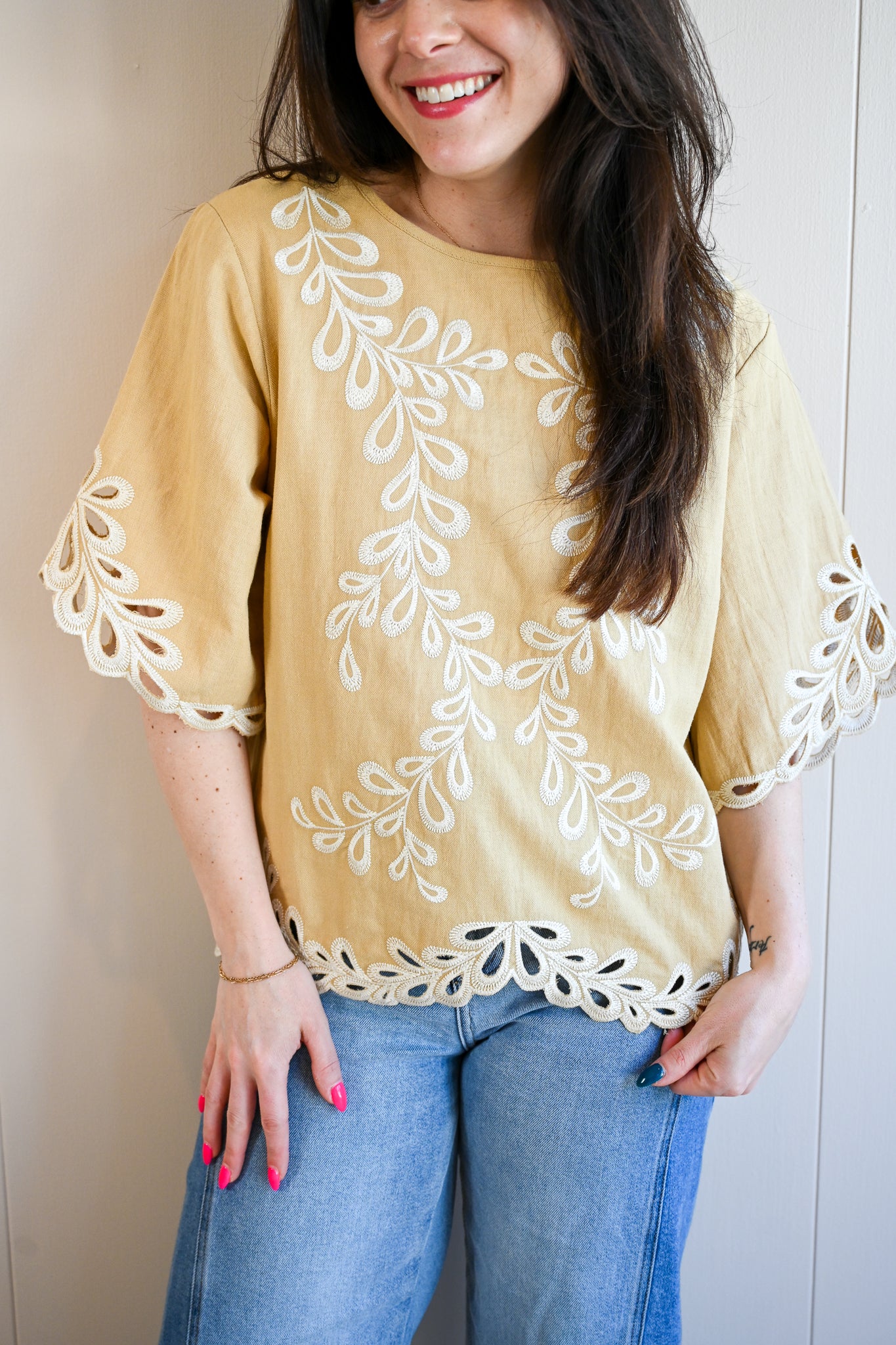 Cedar Street Embroidered Flutter Sleeve Top
