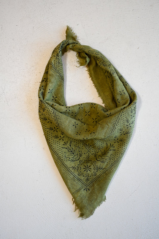 Raw Silk Bandana Scarf - Olive + Black