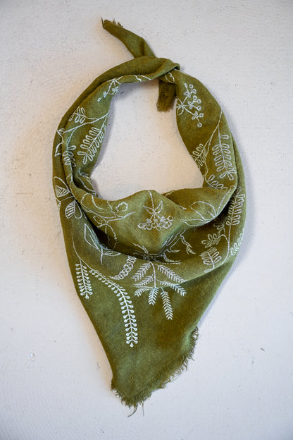 Raw Silk Bandana Scarf - Olive Floral