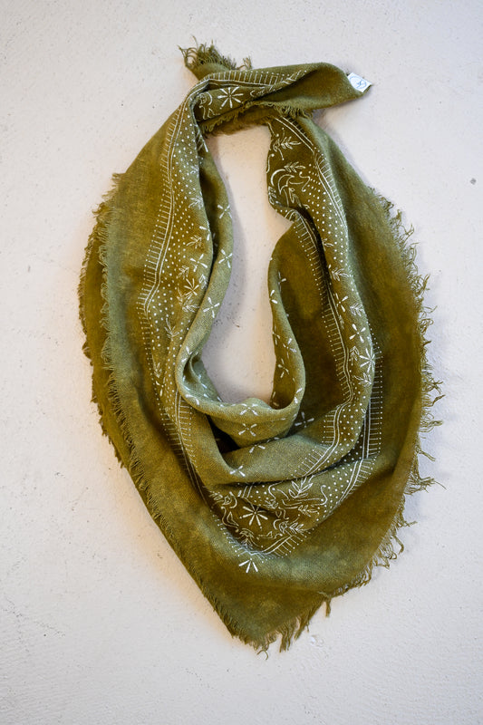 Raw Silk Bandana Scarf - Olive + White