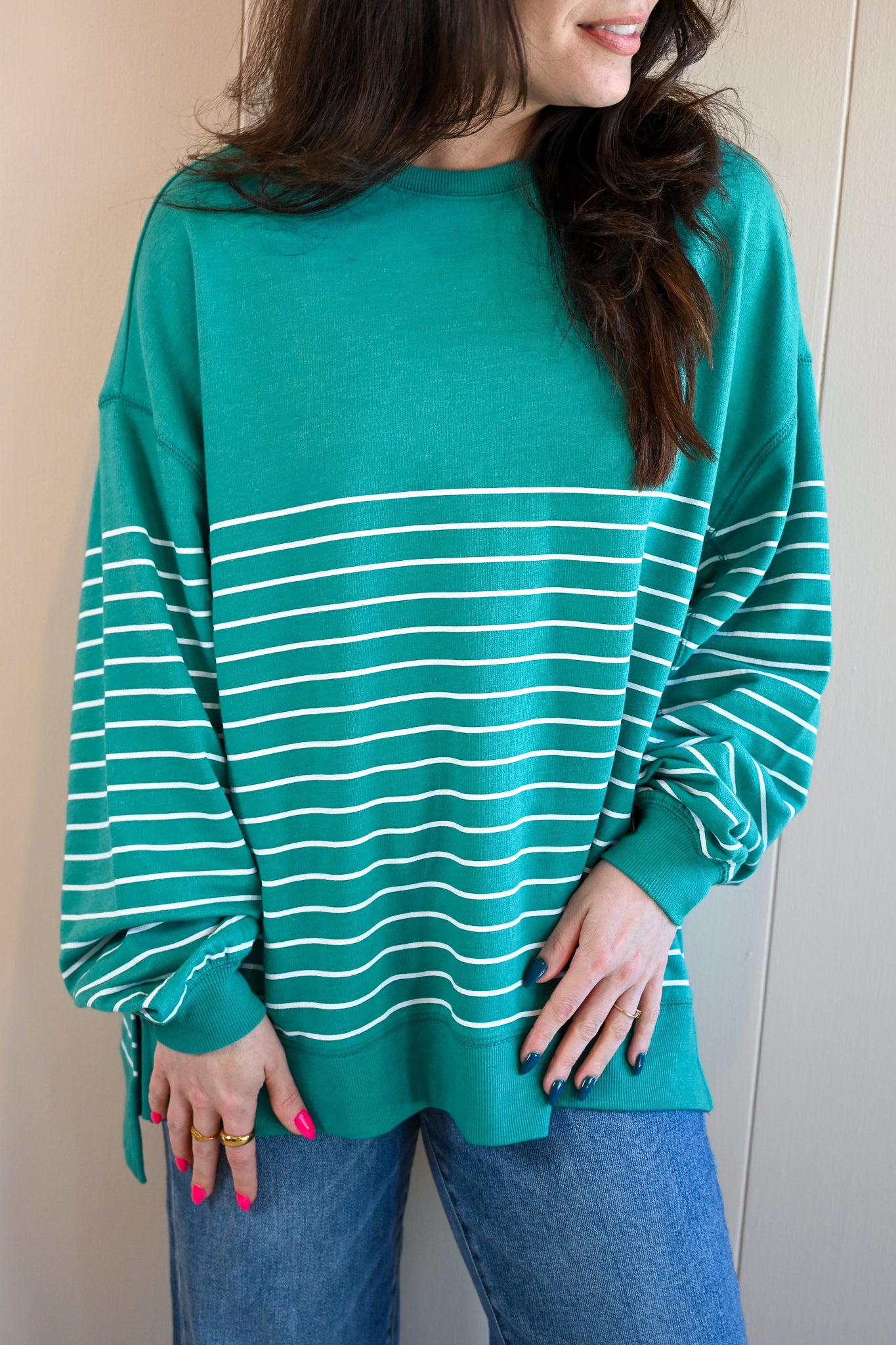 Maple Street V Neck - Stripe Marina Green