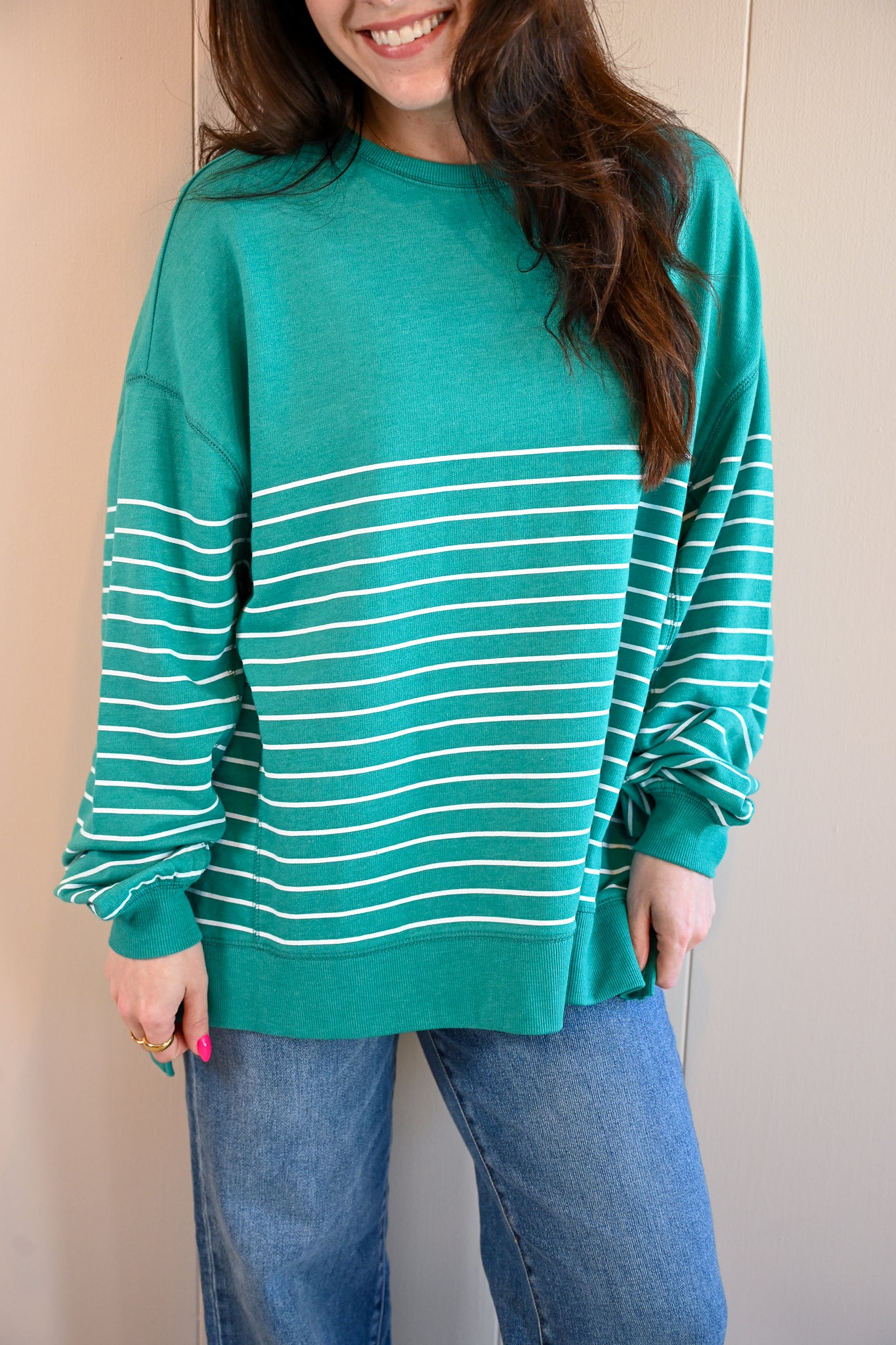 Maple Street V Neck - Stripe Marina Green