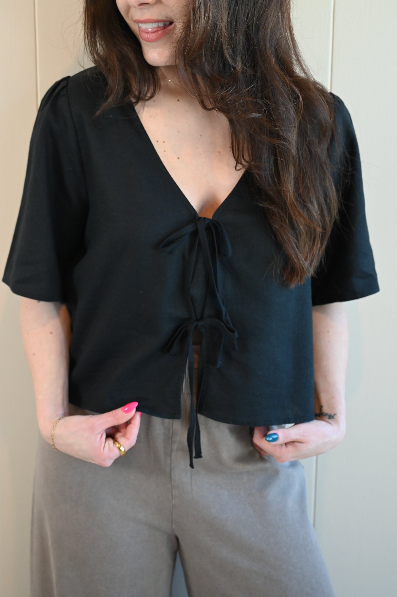 Forest Avenue Linen Tie Front Top