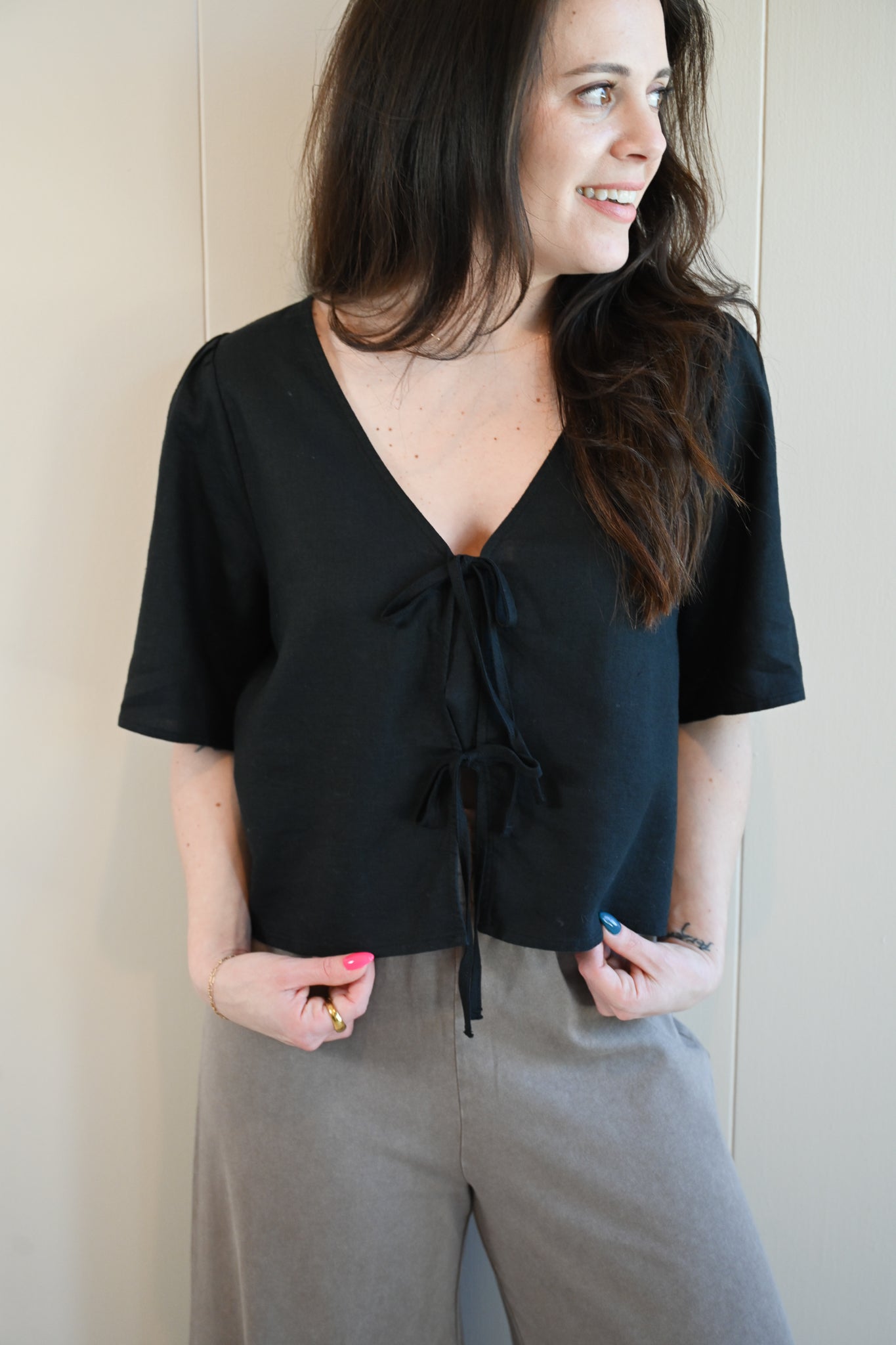 Forest Avenue Linen Tie Front Top