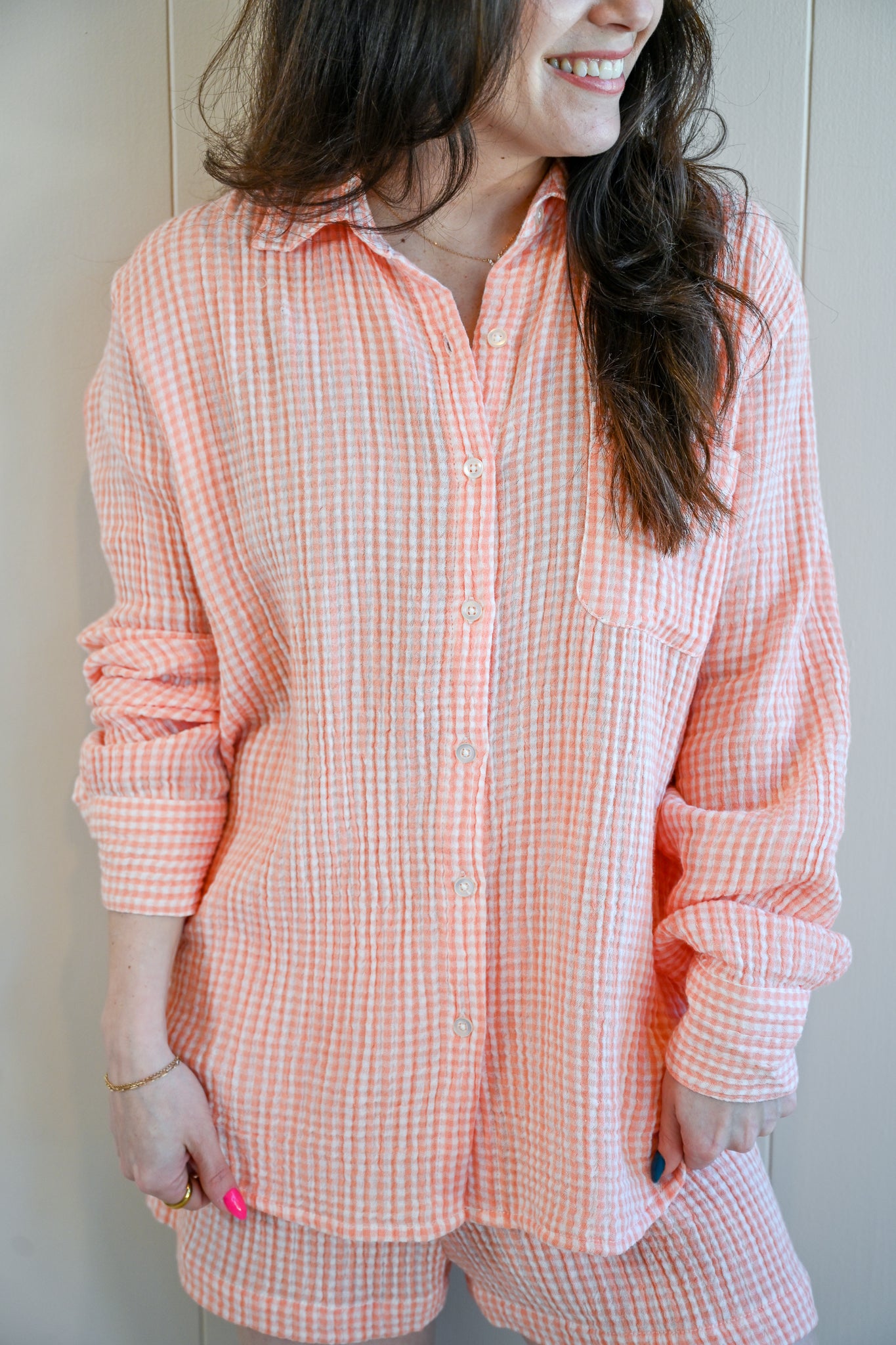 Heacock Avenue Gingham Button Up Top