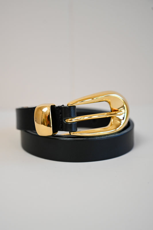 Black & Gold Skinny Italian Leather Belt