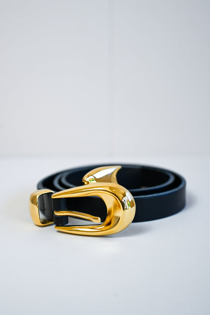 Black & Gold Skinny Italian Leather Belt