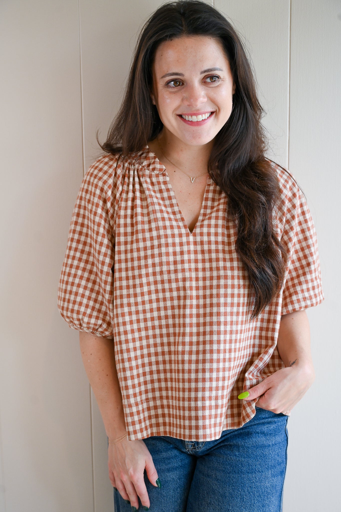 Siren Street Gingham Split Neck Blouse