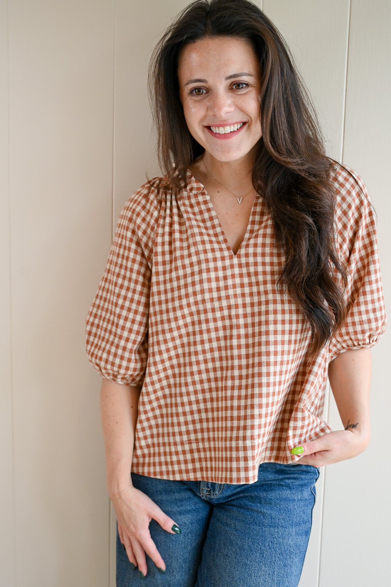 Siren Street Gingham Split Neck Blouse
