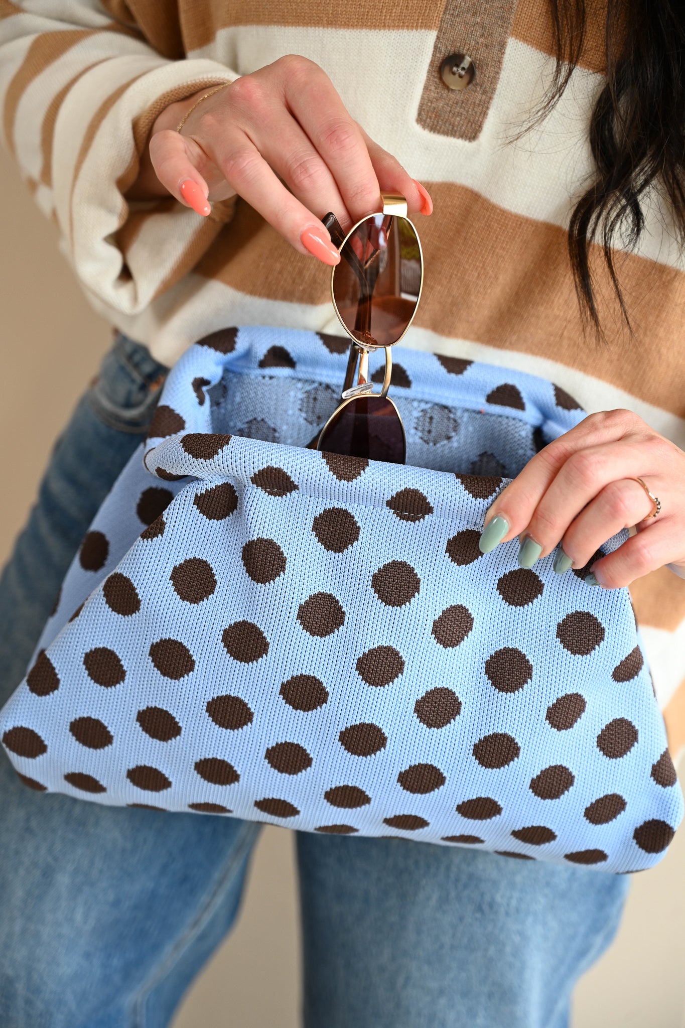 Beach Street Clutch -Blue + Chocolate Polka Dot