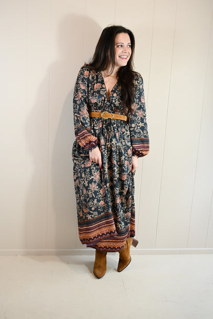 Acacia Street Boho Bordered Midi  Dress