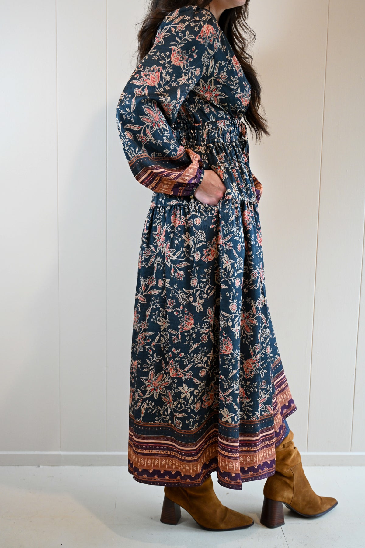 Acacia Street Boho Bordered Midi  Dress