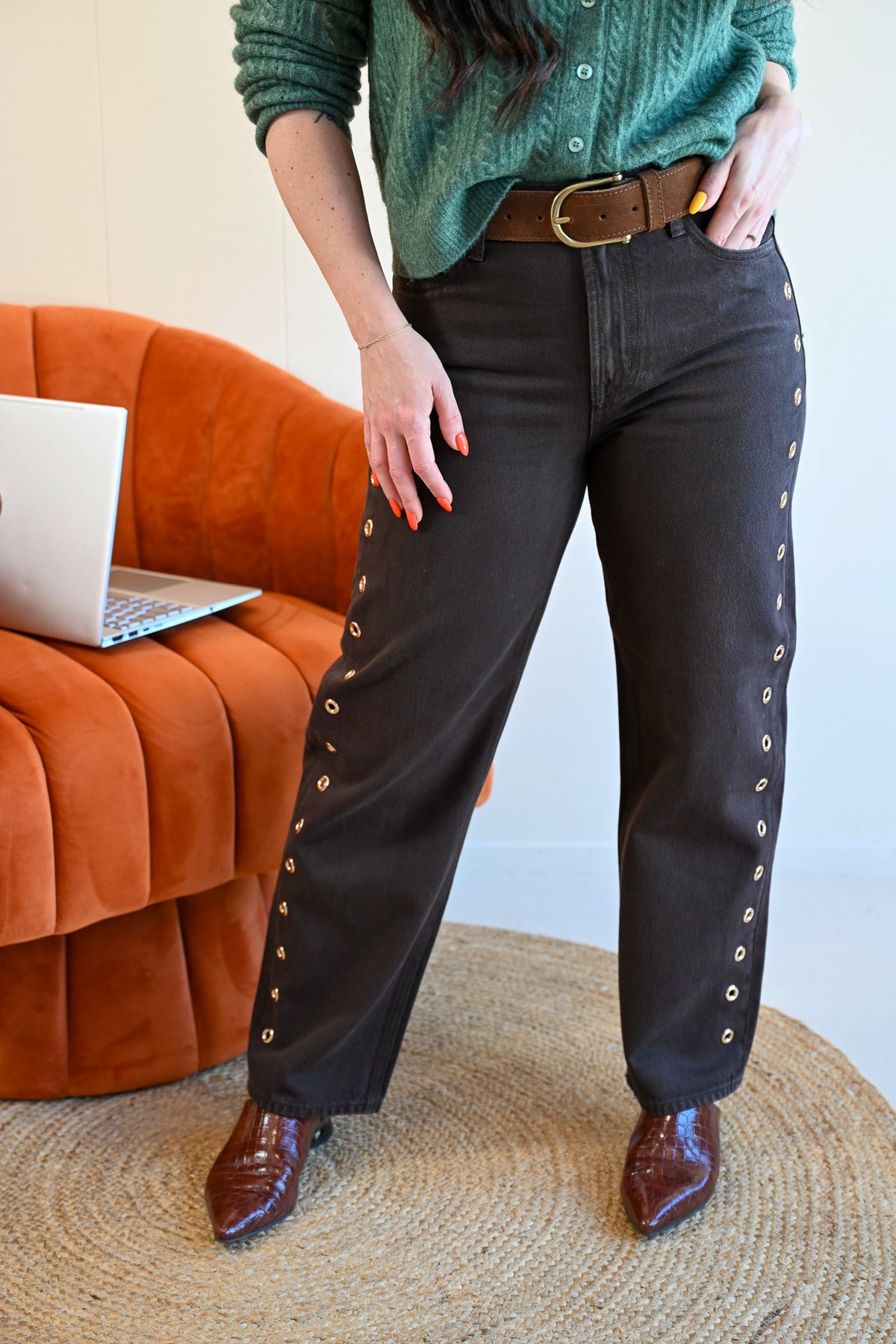 Pine Garden Chocolate Gold Grommets Ankle Jeans