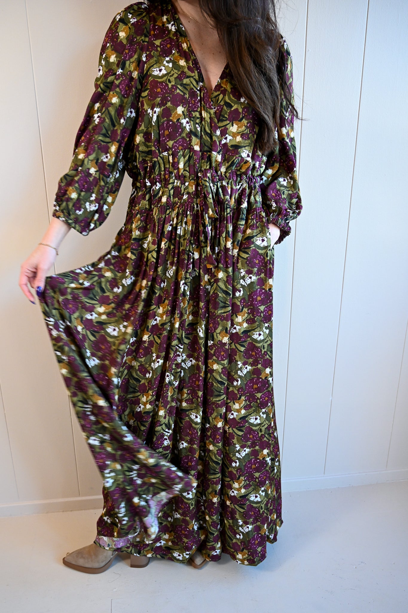 Dewey Avenue Pleat Waist Floral Maxi Dress