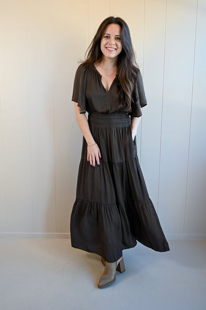 Forest Hill Boulevard Pleated Satin Midi Dress