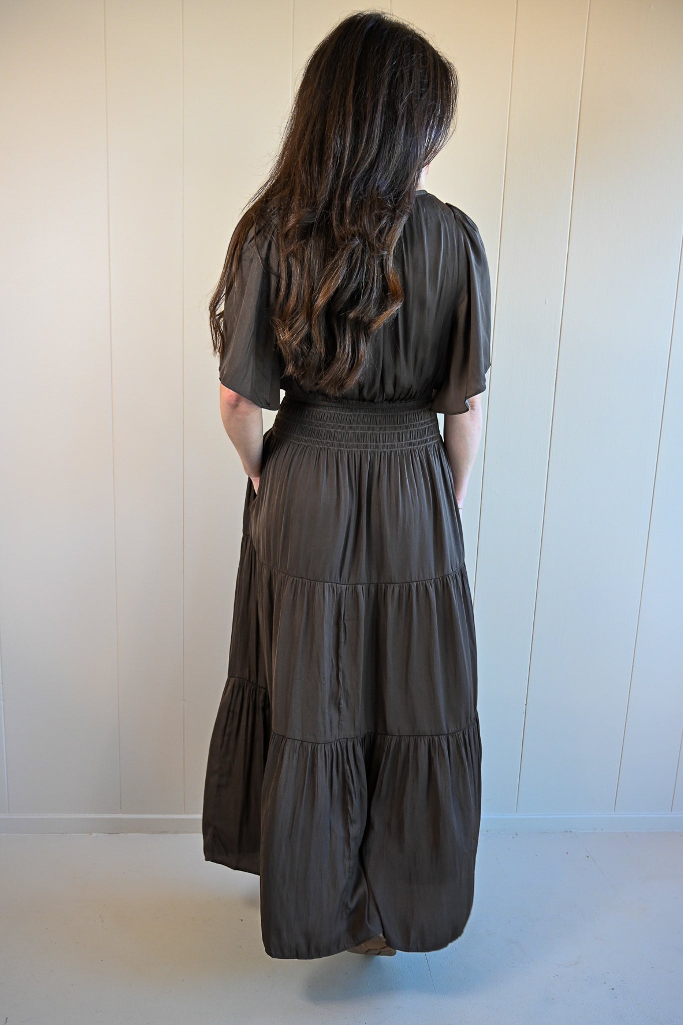 Forest Hill Boulevard Pleated Satin Midi Dress