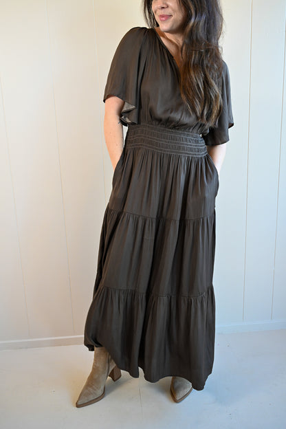 Forest Hill Boulevard Pleated Satin Midi Dress