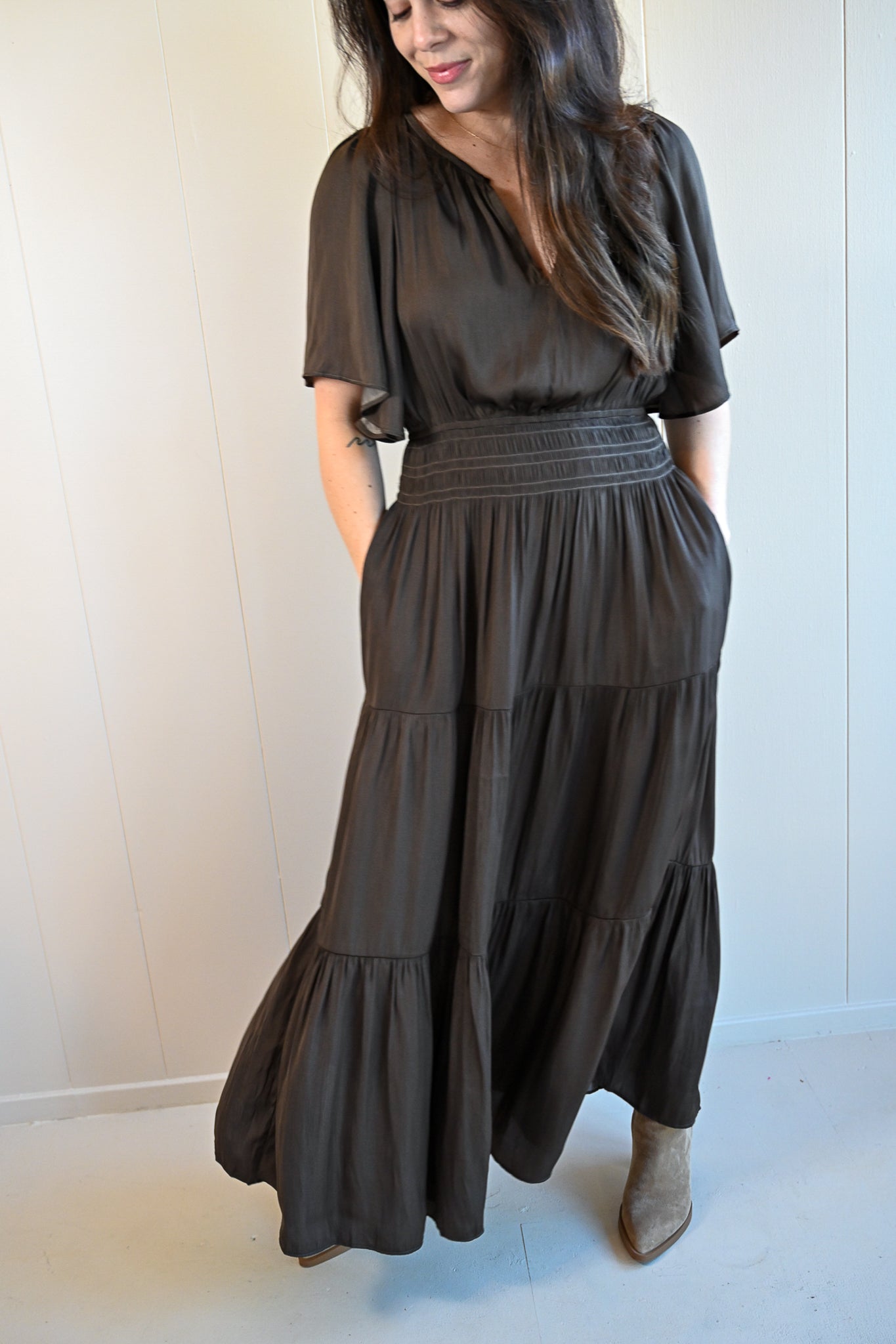 Forest Hill Boulevard Pleated Satin Midi Dress