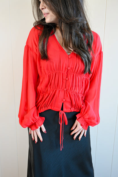 Beach Street Button Up Blouse - Cherry