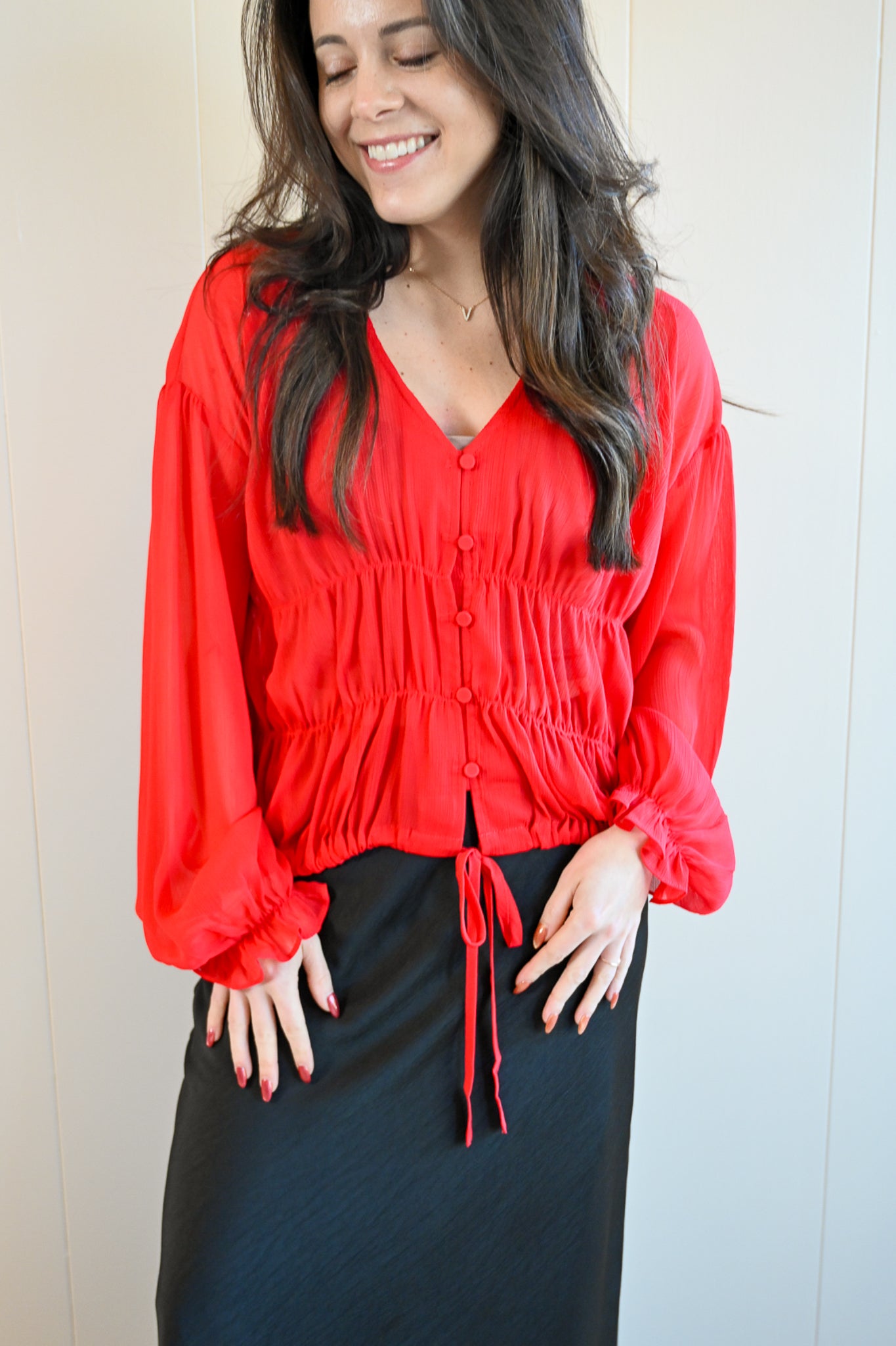 Beach Street Button Up Blouse - Cherry