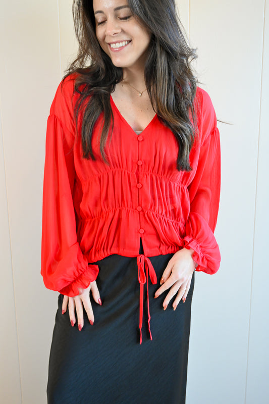Beach Street Button Up Blouse - Cherry