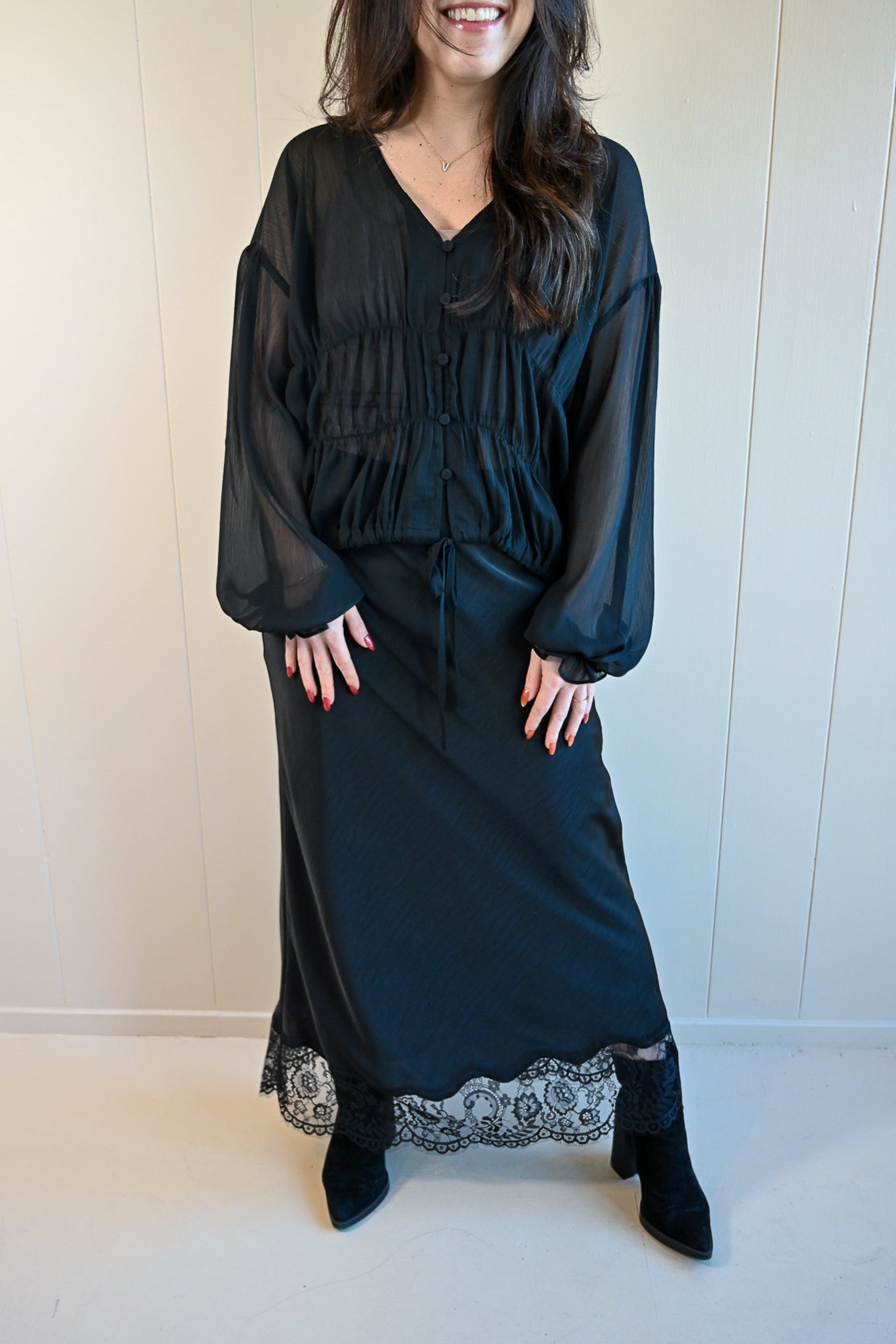 Sea Palm Avenue Lace Satin Midi Skirt