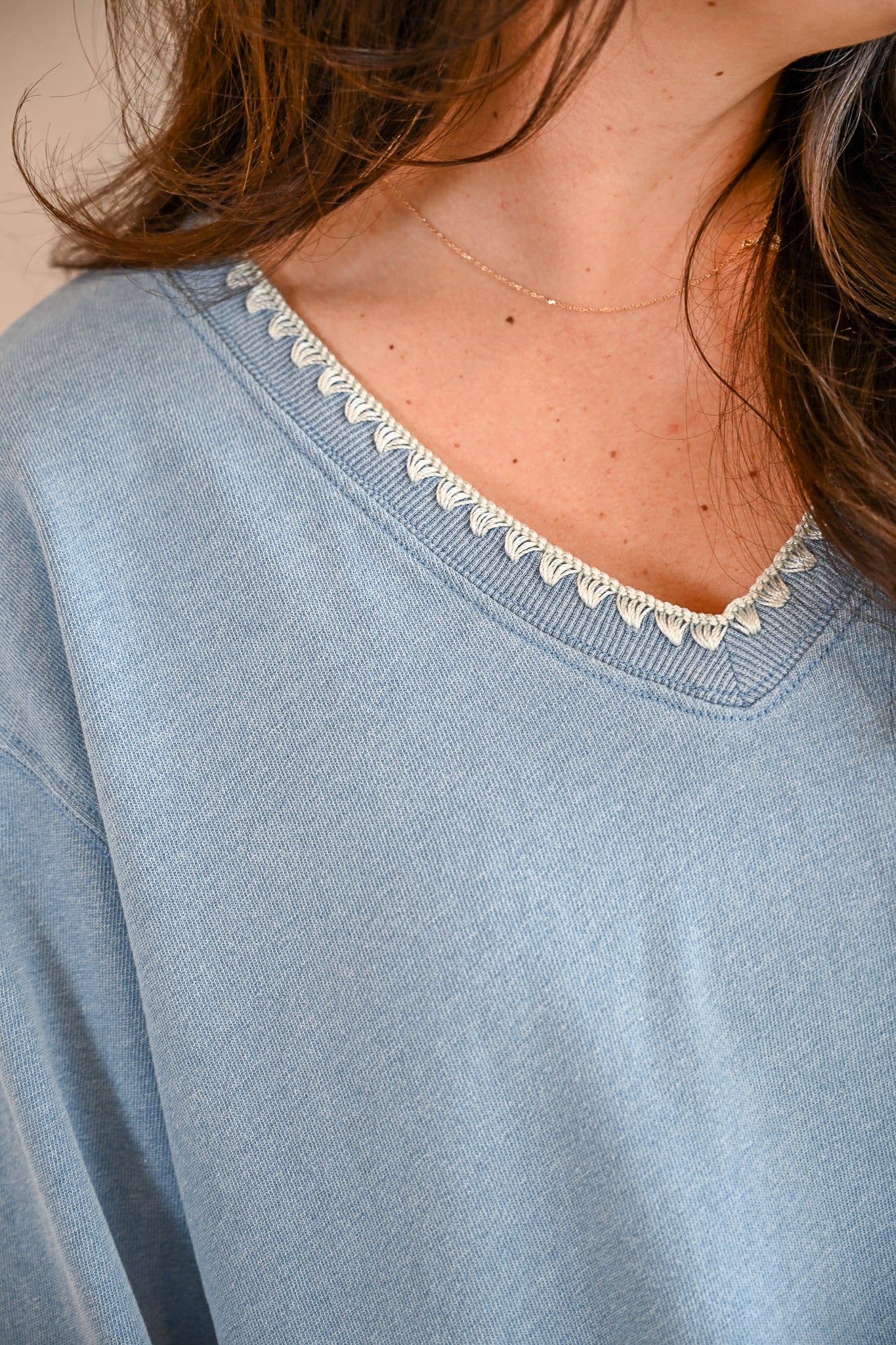 Maple V-neck Whipstitch Denim Top