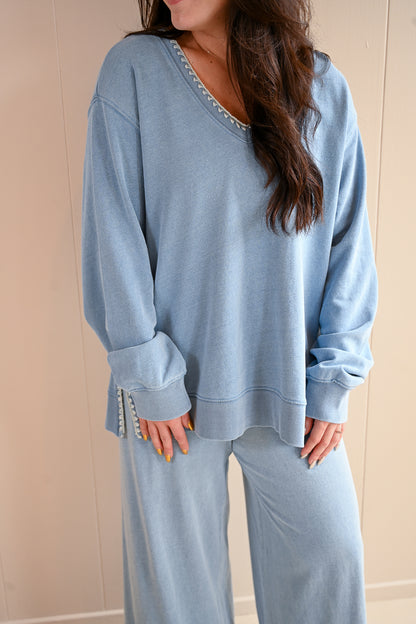 Maple V-neck Whipstitch Denim Top