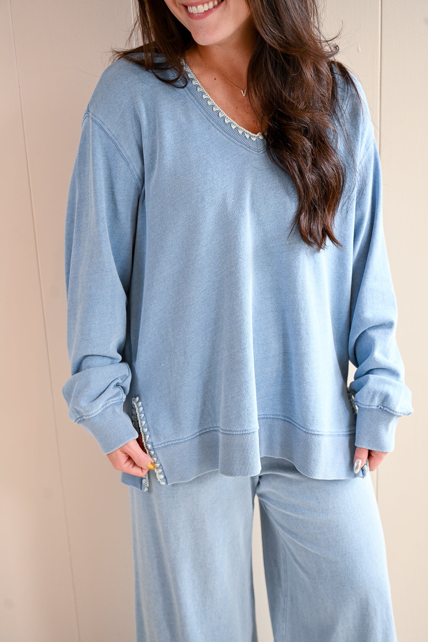 Maple V-neck Whipstitch Denim Top