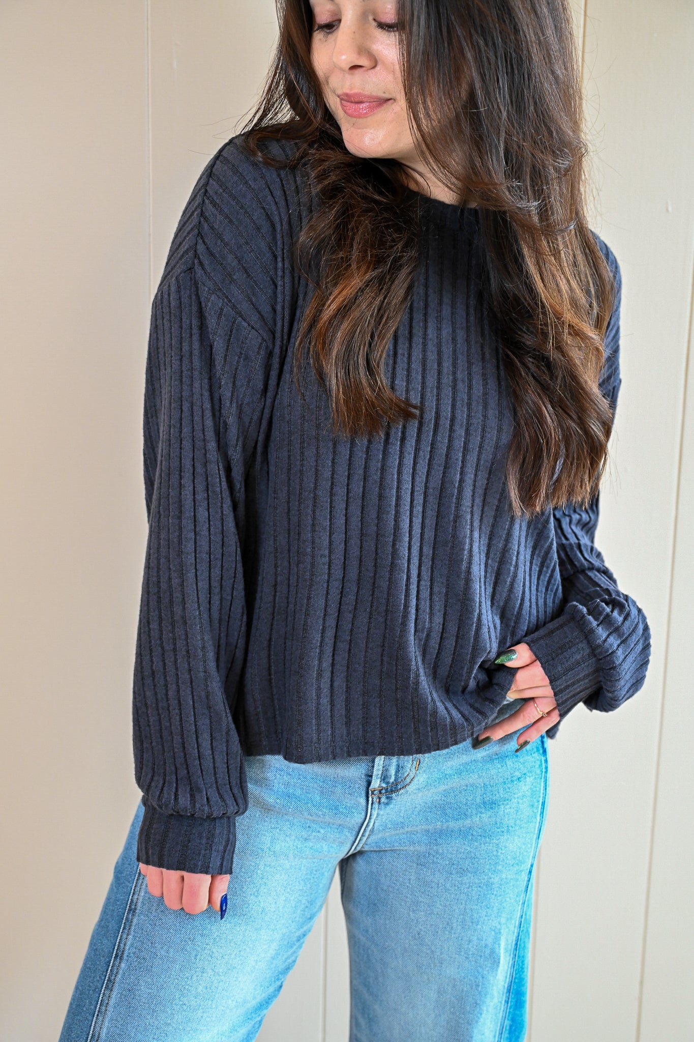 Siren Street Rib Long Sleeve Top - Storm